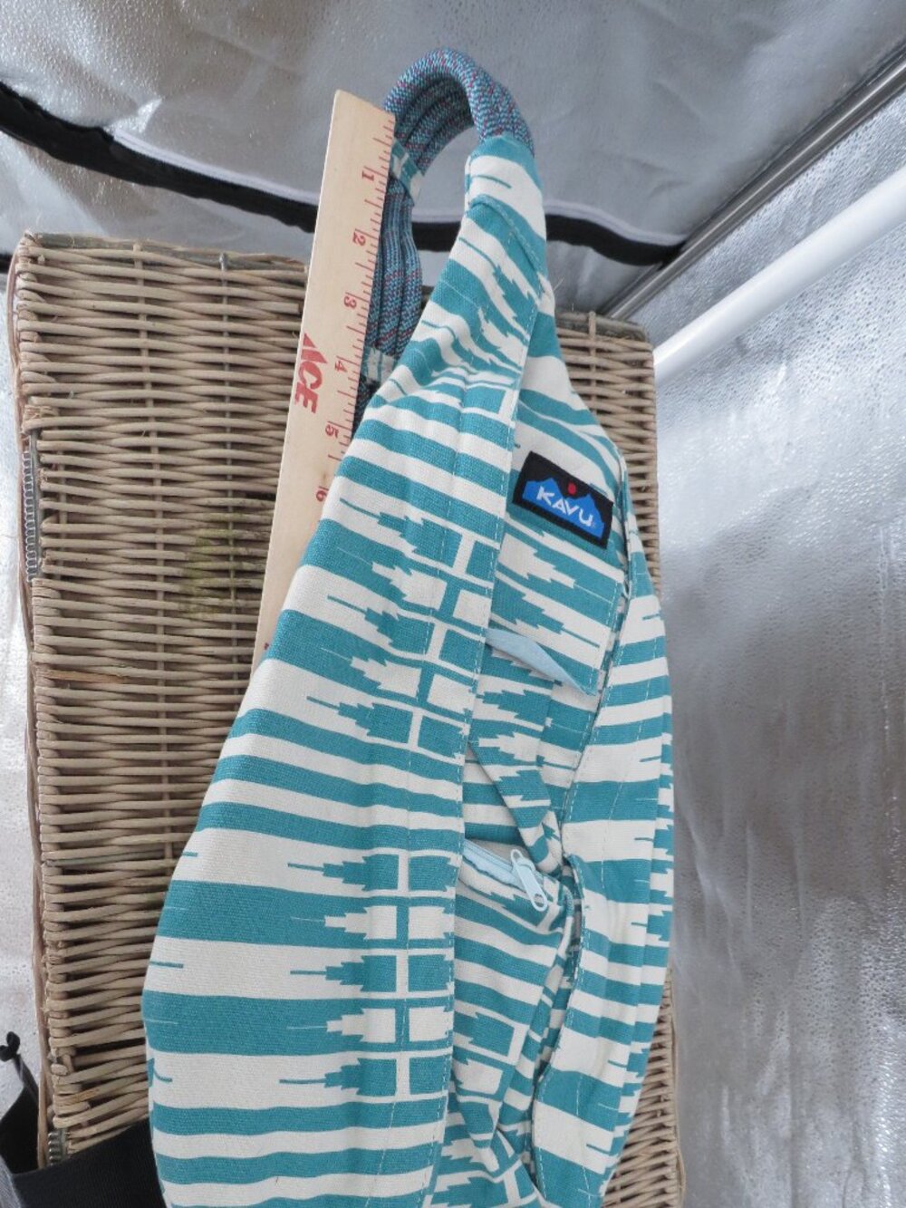 KAVU Rope Bag Teal Blue White Geometric Sling Canvas Crossbody Backpack One Size